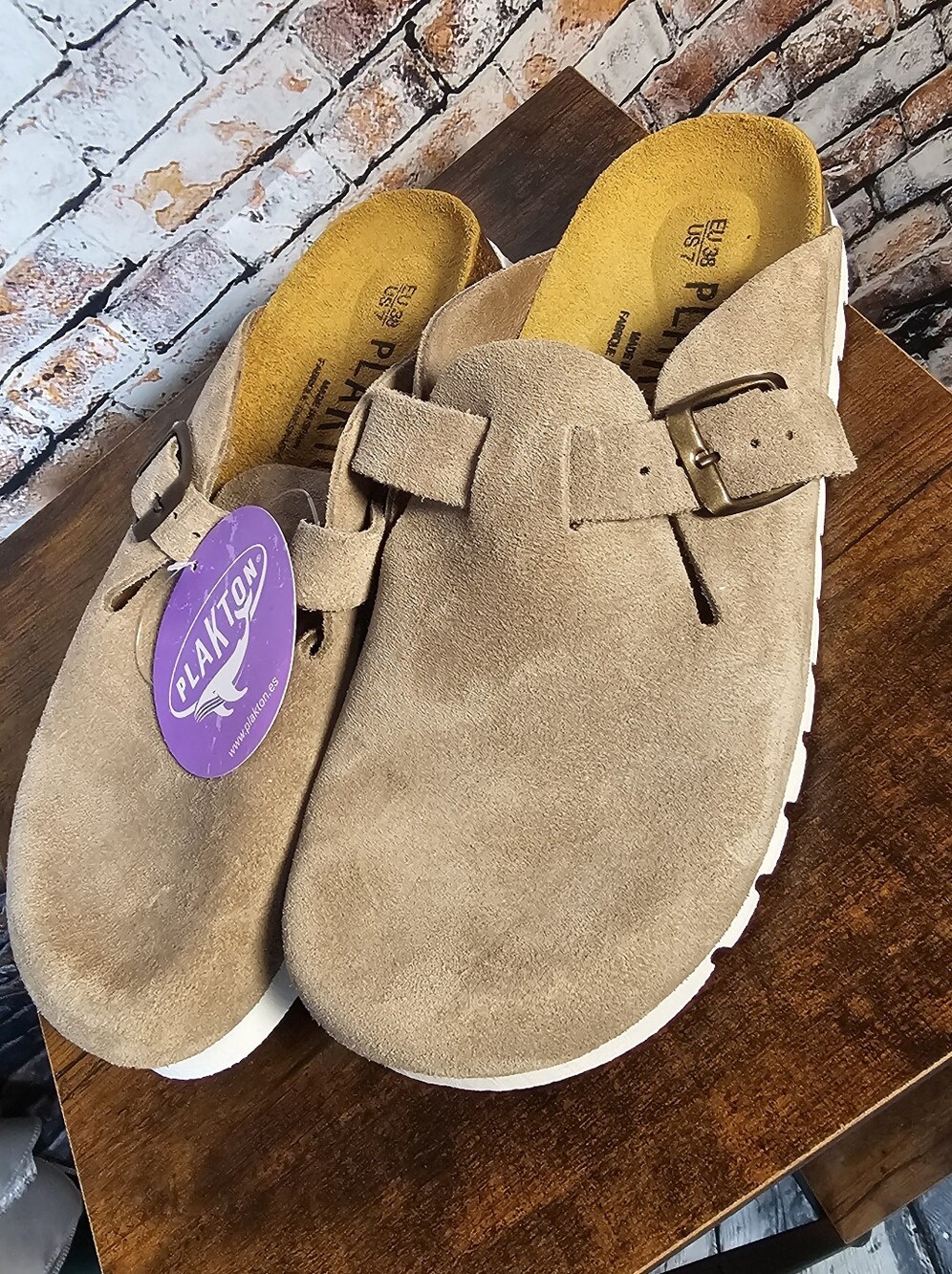Plakton Suede Clog Mules Beige Taupe Lug Sole Footbed Sandals Womens US 7 EU 38